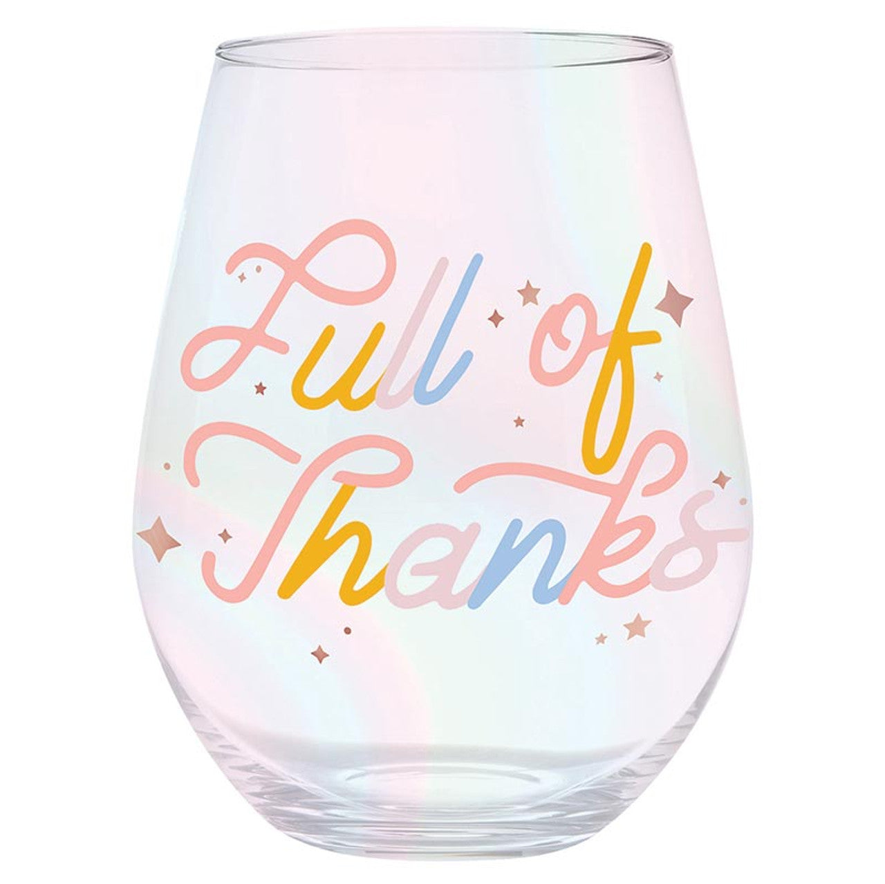 Clear jumbo wine glass with “Full of Thanks” lettering, 30 oz capacity (4" x 5.7").