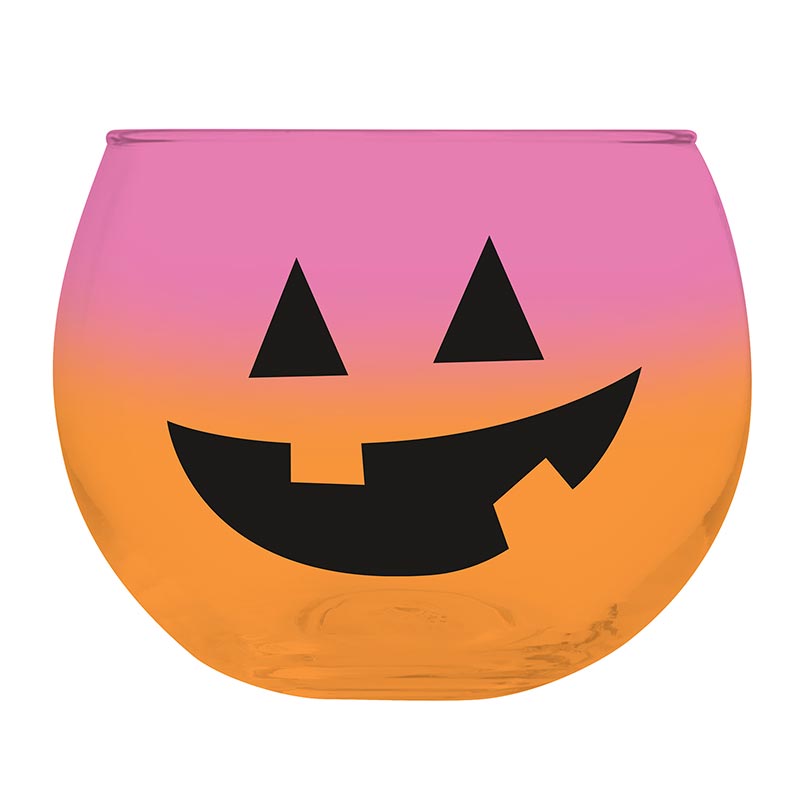Pink-to-orange ombré roly poly glass with a black jack-o’-lantern face, 13oz.