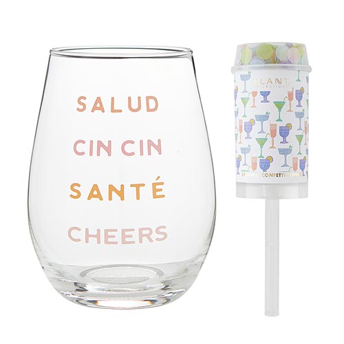 Stemless 20oz wine glass with “Salud, Cin Cin, Santé, Cheers” in pastel letters beside a matching confetti popper.