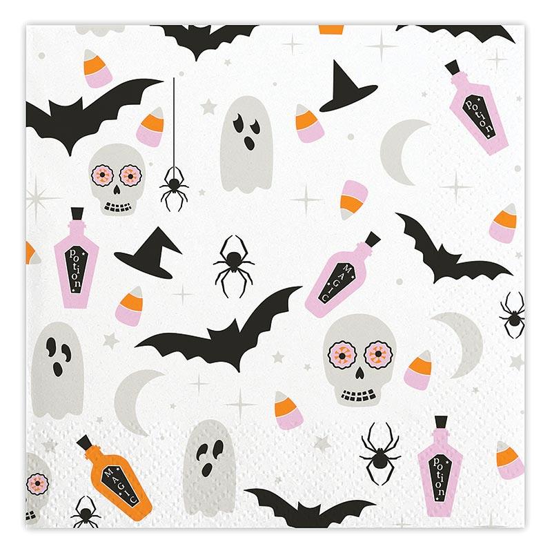 Festive Halloween napkins with ghosts, bats, spiders, candy corn, moons, and potion bottles on a white background.