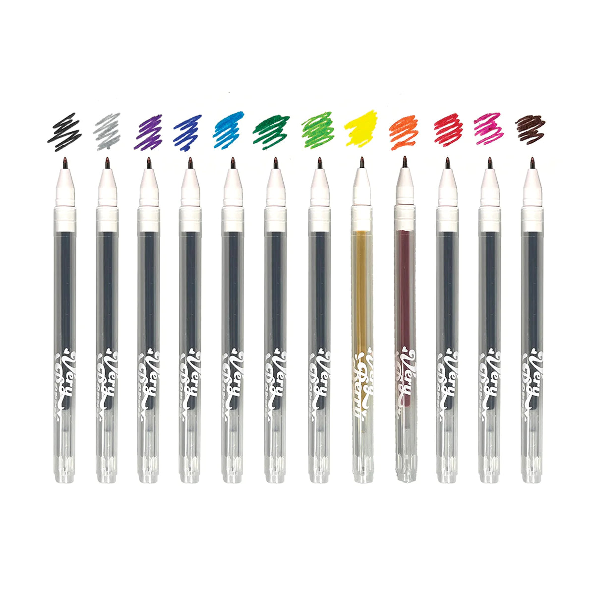 Set of 12 Very Berry strawberry-scented gel pens with colorful ink swatches and 0.7 mm tips.