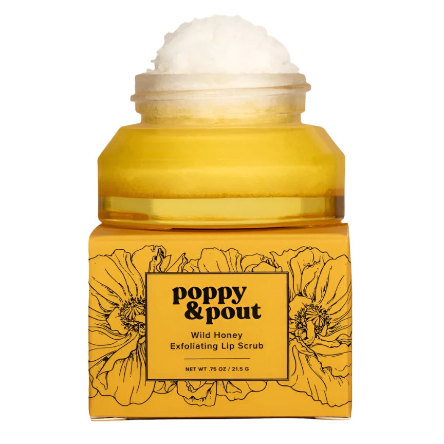 Wild Honey lip scrub by Poppy & Pout with creamy sugar texture visible.