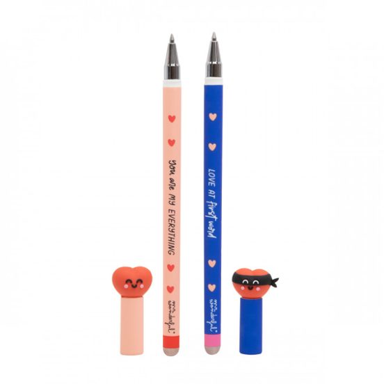 Two erasable pens uncapped with heart caps placed below—peach “You are my everything” and blue “Love at first word.”