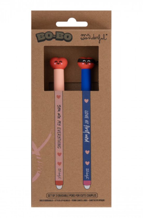 Set of two Mr. Wonderful BO-BO erasable pens in a kraft window box—peach pen “You are my everything” and blue pen “Love at first word,” both with heart character caps.