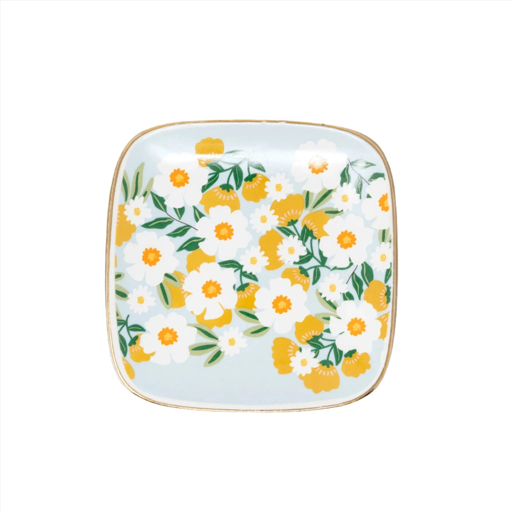 Blue Flowers Ceramic Trinket Tray with Floral Design and Gold Metallic Rim - 4.25” x 4.25” x 0.6