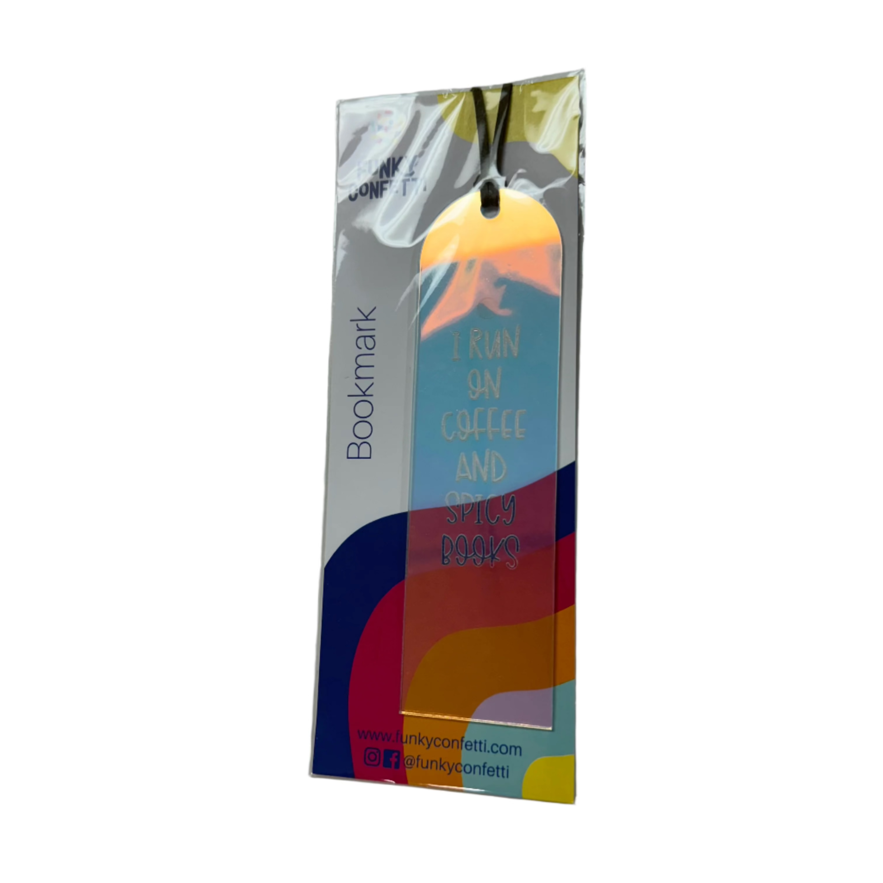 holographic bookmarks with engraved quotes (I run on coffee and spicy books) and colorful surprise cords (yellow) from Funky Confetti