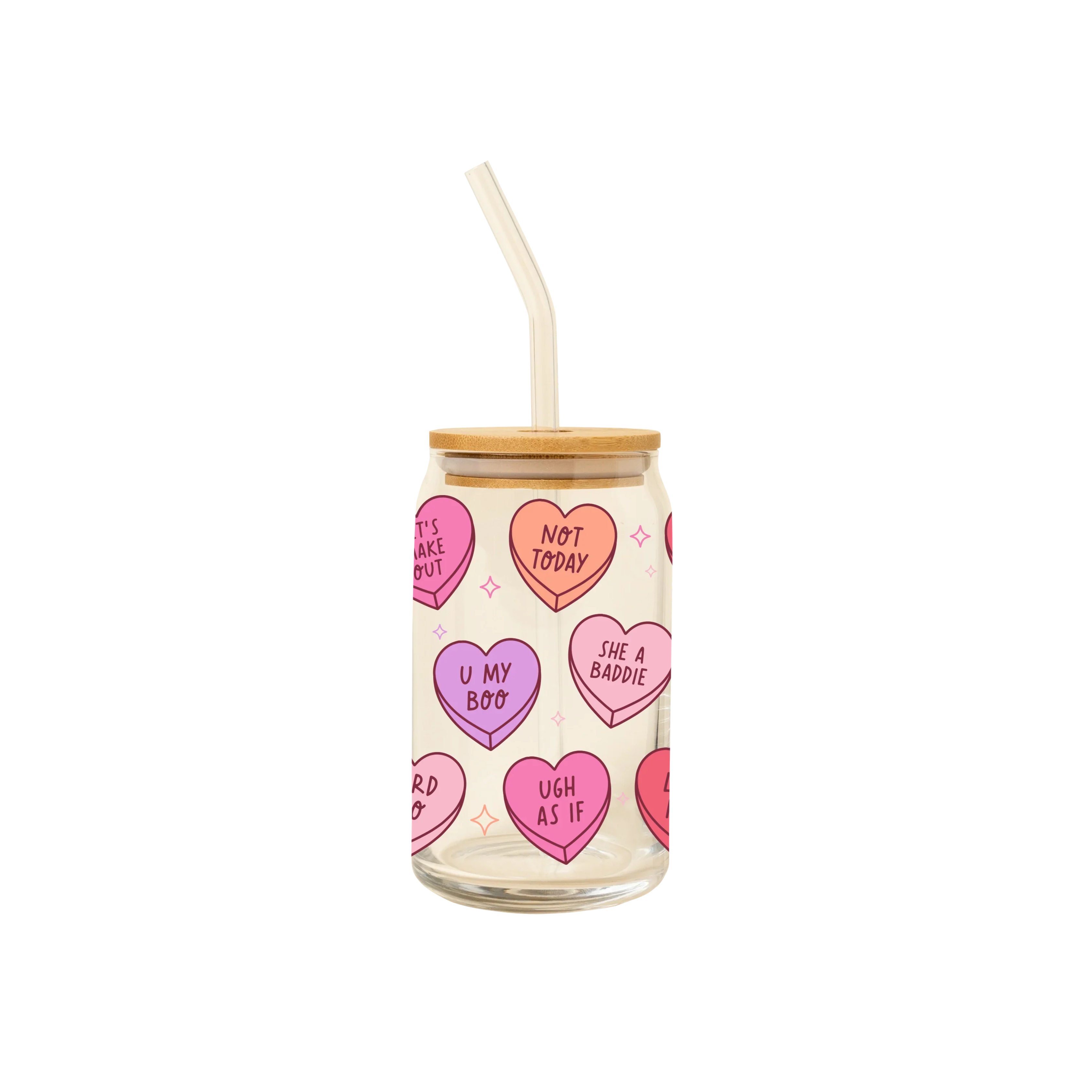 Candy Hearts Can Glass with Lid and Glass Straw - 16oz Reusable Cup