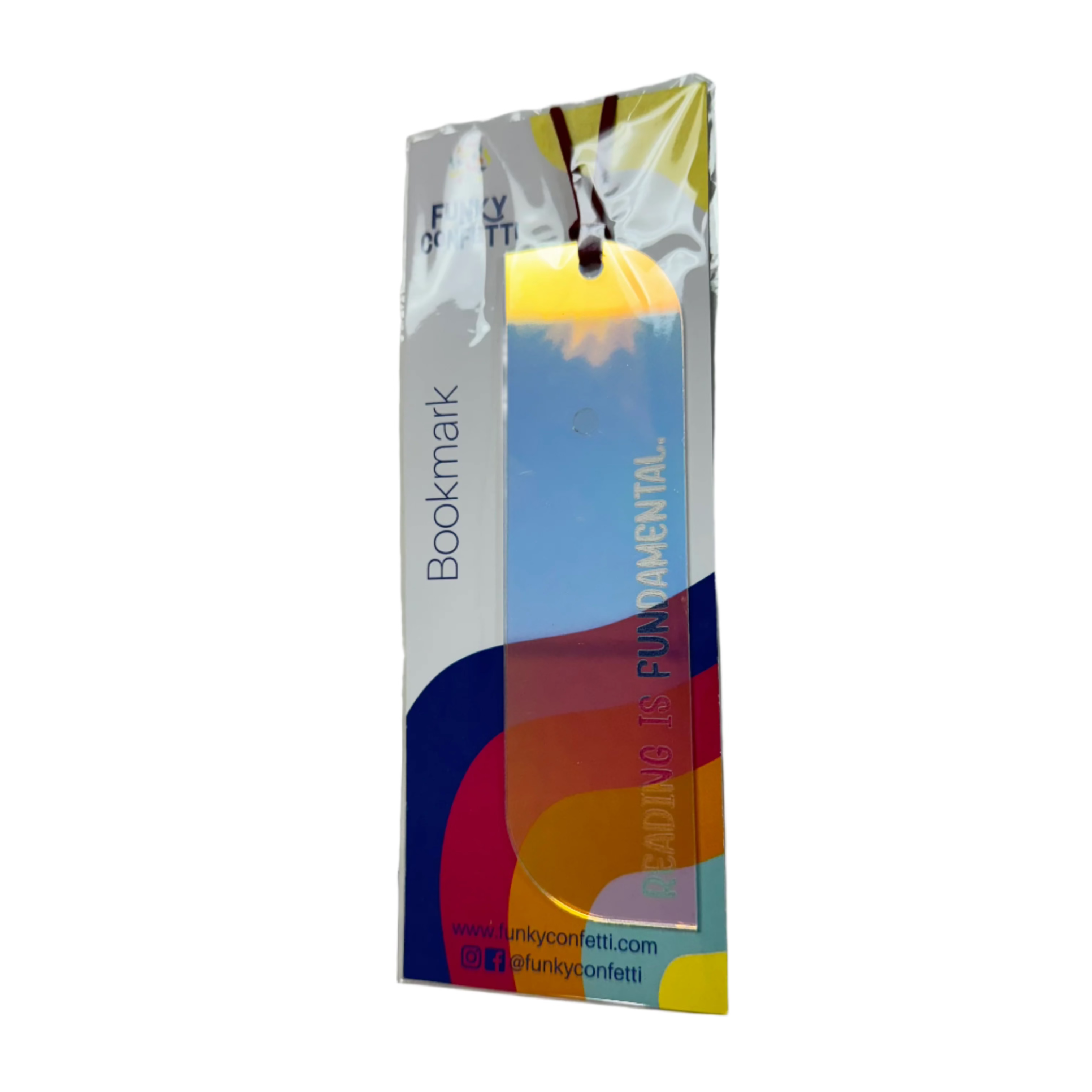 holographic bookmarks with engraved quotes (reading is fundamental) and colorful surprise cords (black) from Funky Confetti