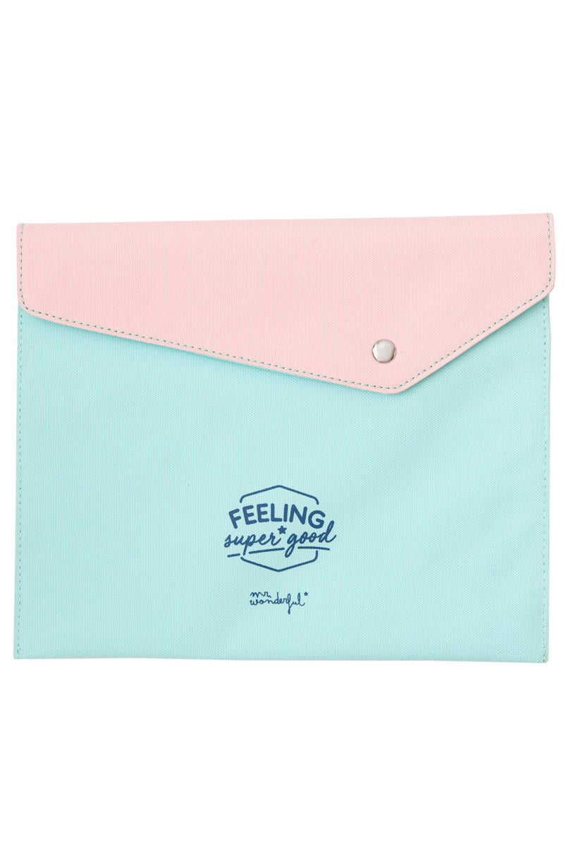 Feeling Super Good Document Holder made from eco-friendly rPET material, featuring a motivational design