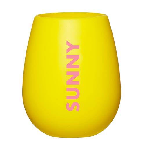 Bright yellow silicone wine glass with vertical pink “SUNNY” text, flexible and unbreakable.