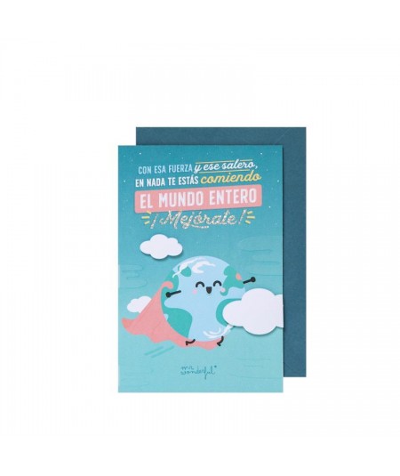 Get Well Soon Greeting Card with fun message 'Nada Te Estás Comiendo El Mundo Entero. ¡Mejórate!' and FSC-certified paper, including envelope