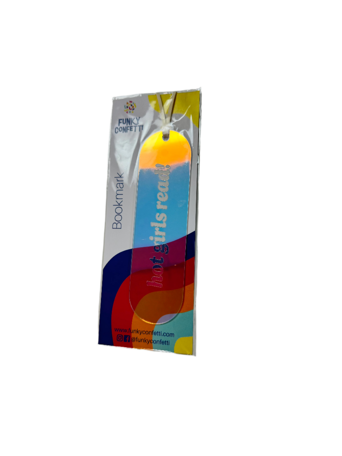 holographic bookmarks with engraved quotes (hot girls read) and colorful surprise cords (white) from Funky Confetti