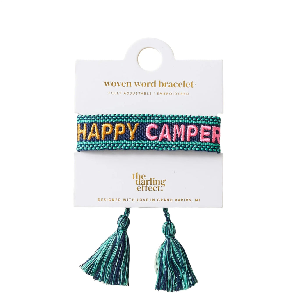 Happy Camper Adjustable Woven Word Bracelet – Colorful embroidered bracelet with tassels