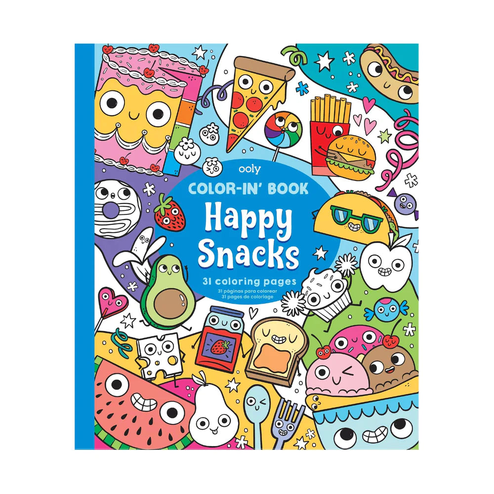 Happy Snacks Coloring Book – 31 pages of fun snack-themed illustrations including pizza, ice cream, and cupcakes