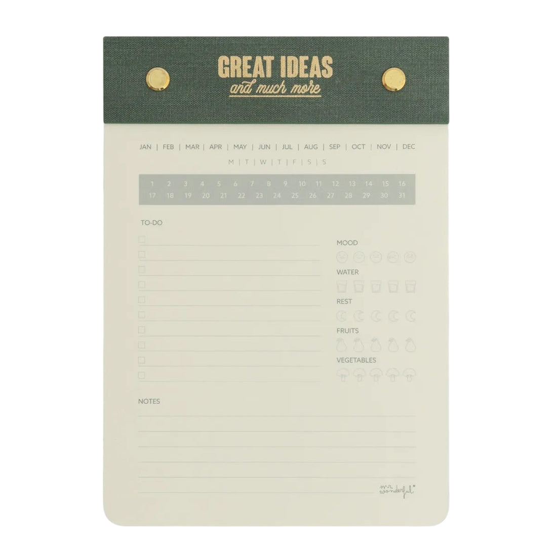 Great Ideas and Much More notepad with green fabric top and gold accents; 64 sheets featuring to-do list, notes, and habit trackers for mood, water, rest, fruit, and vegetables.