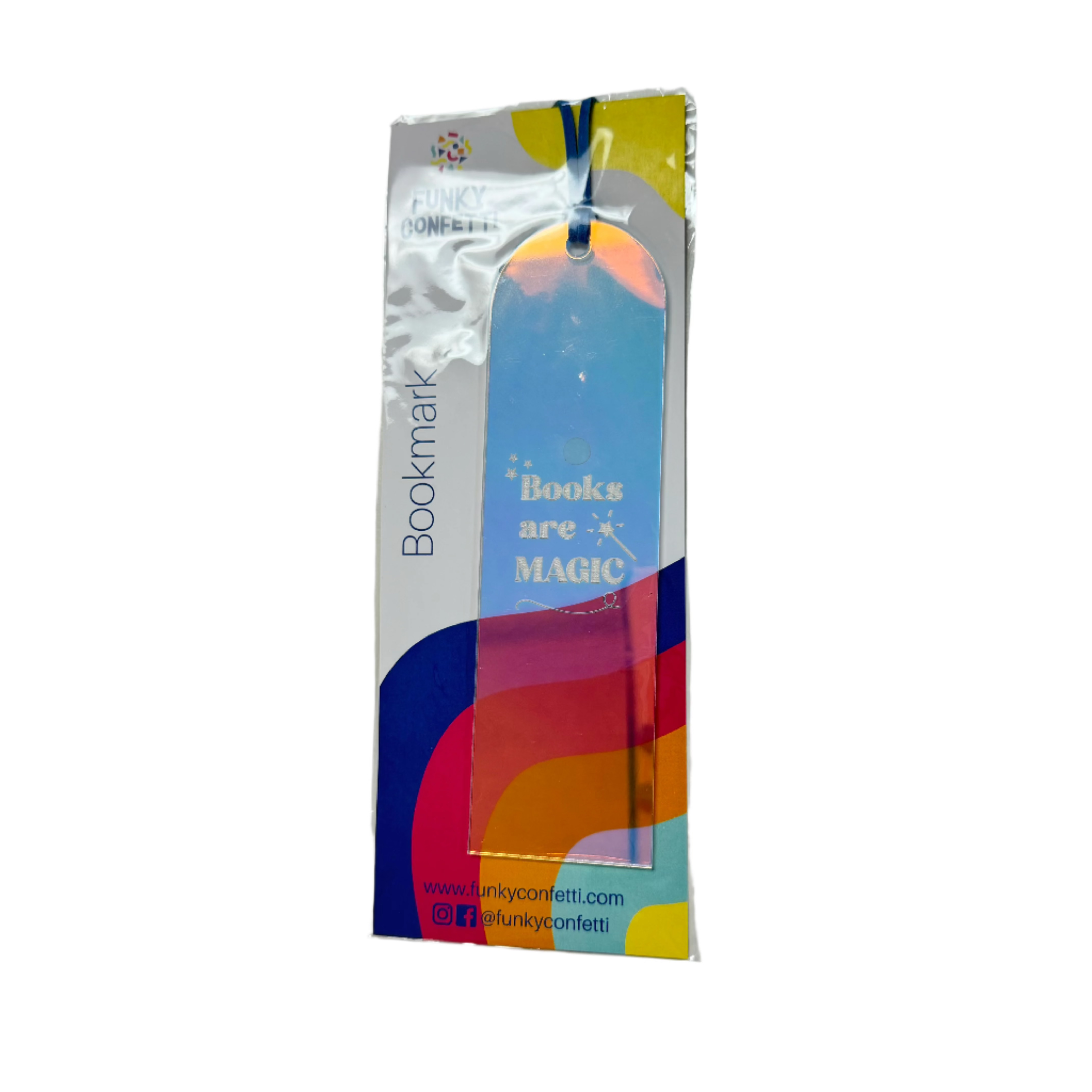 holographic bookmarks with engraved quotes (books are magik) and colorful surprise cords (blue) from Funky Confetti