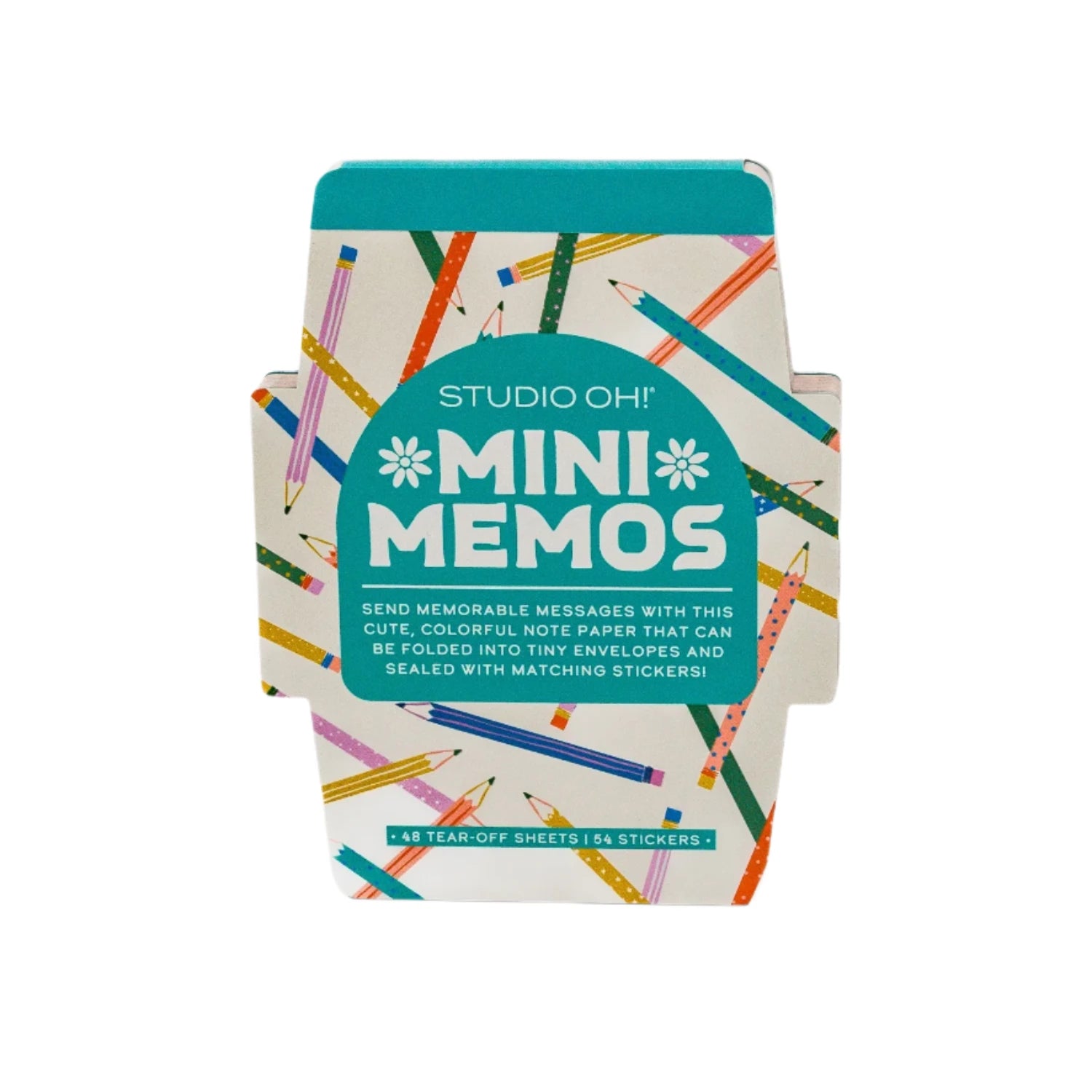 Front packaging of Studio Oh! Mini Memos pad with colorful pencil pattern and product details.