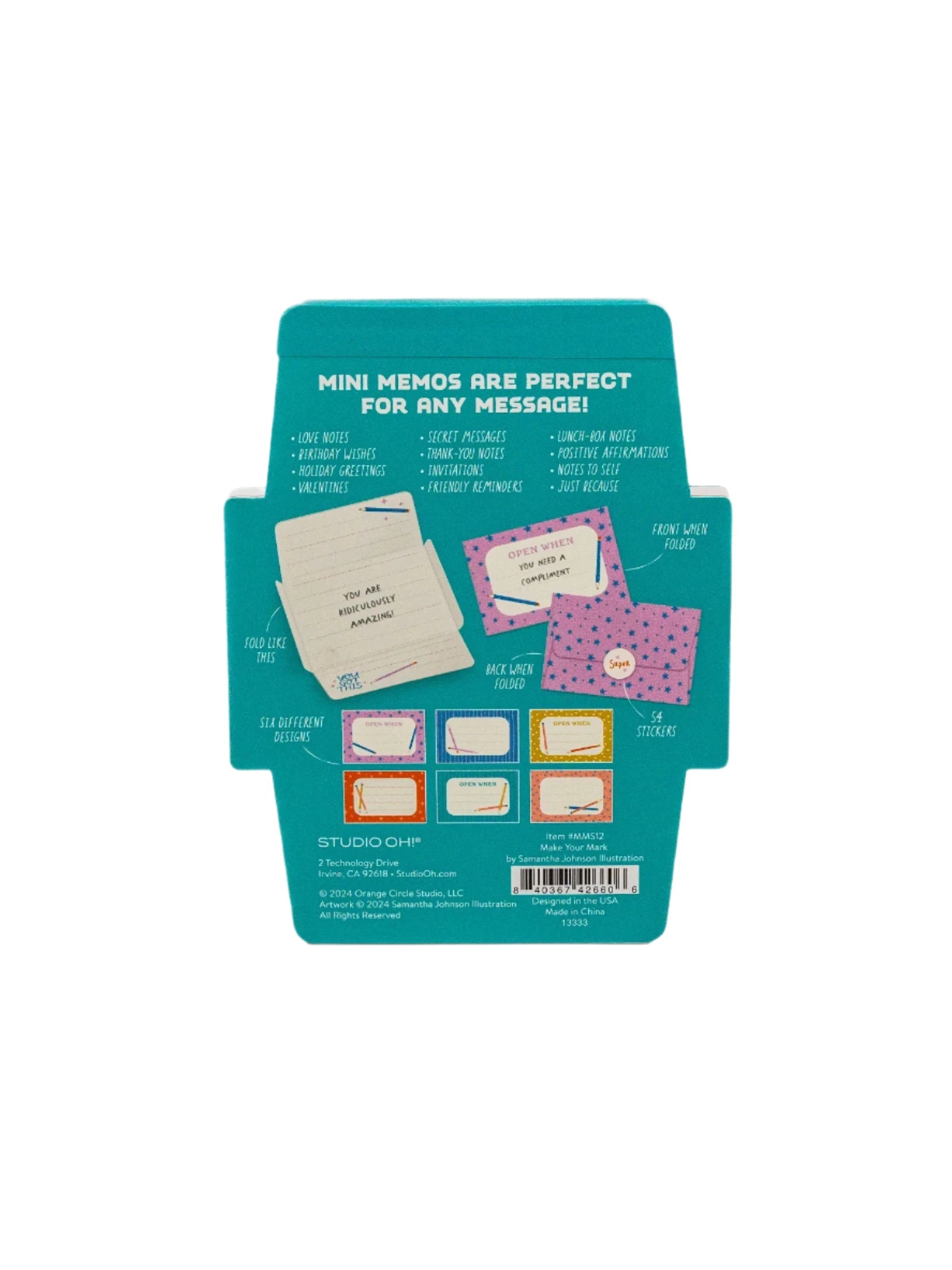 Back of Mini Memos package showing features, ideas, and six sample designs.