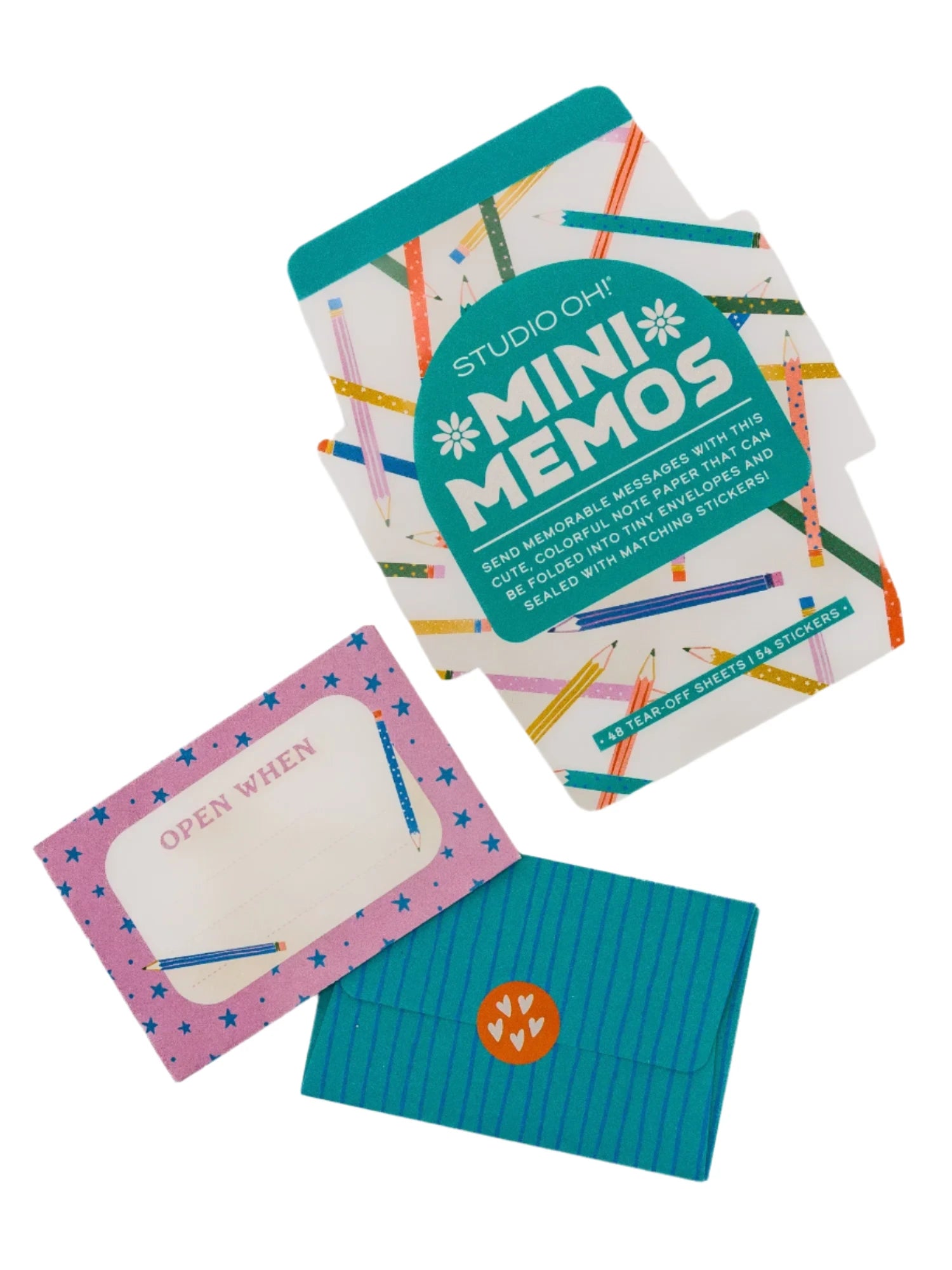 Mini Memos set with cover, “Open When” card, and folded blue mini envelope with sticker seal.