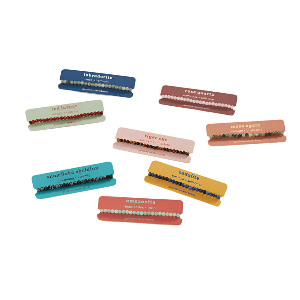 Stackable Mini Crystal Bracelets with various crystals and their corresponding intentions