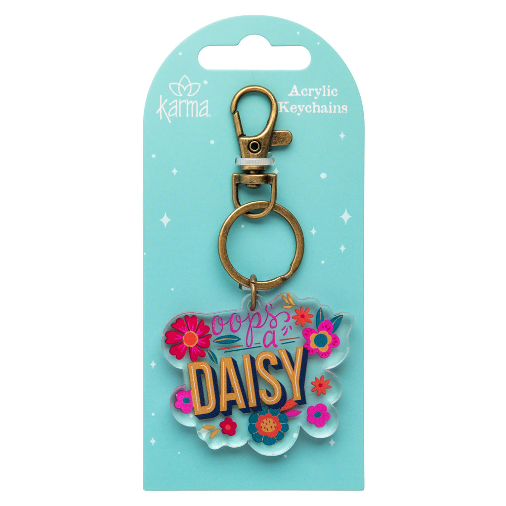 Oops A Daisy Acrylic Keychain with playful design and lobster claw attachment.

