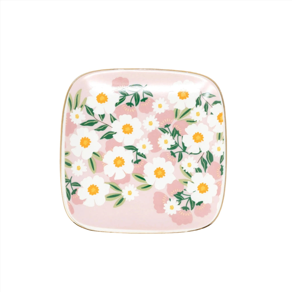 Pink Flowers Ceramic Trinket Tray with a floral print and gold metallic rim, showcasing its elegant design and functionality.

