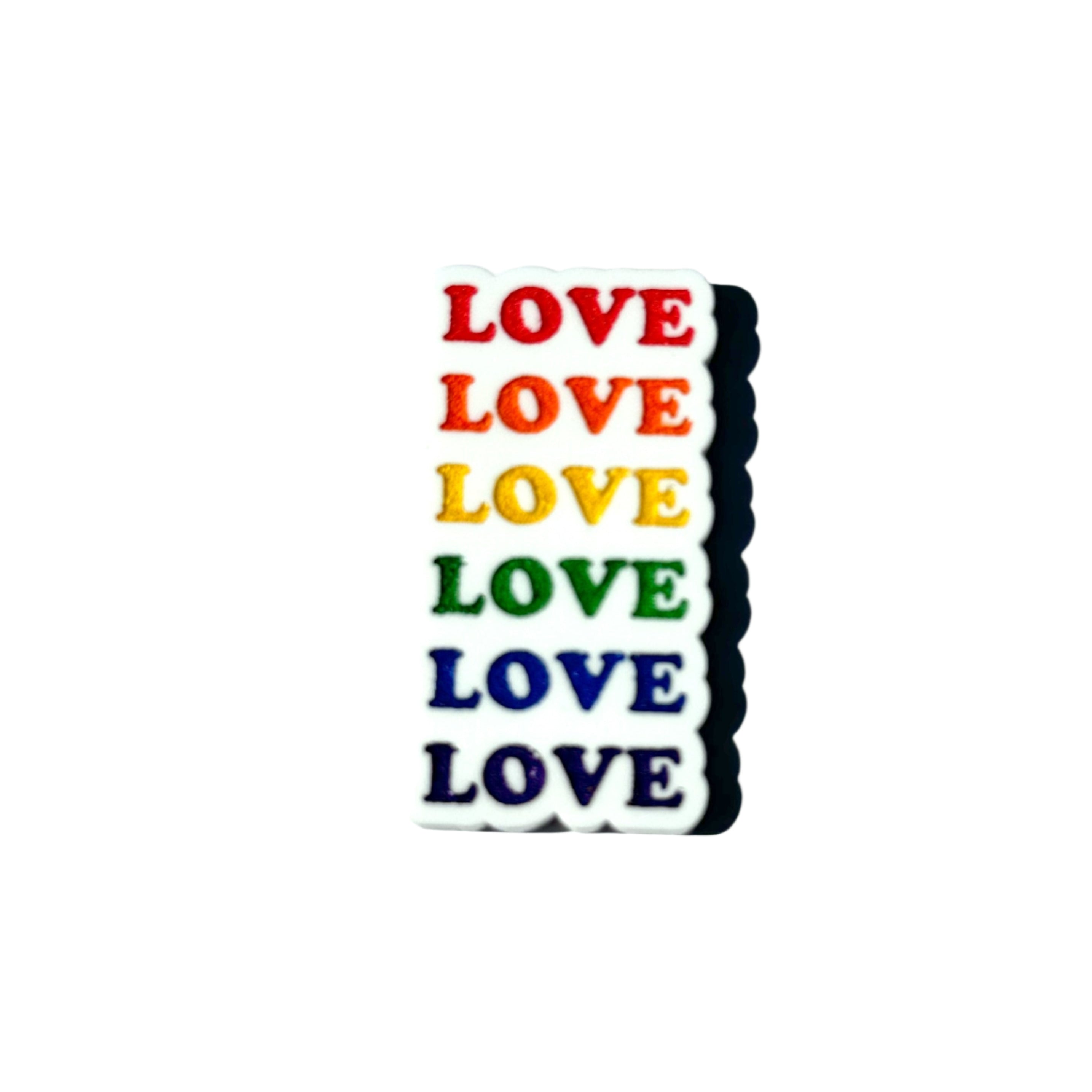 Rainbow “LOVE” pin — stacked LOVE text in red, orange, yellow, green, and blue.