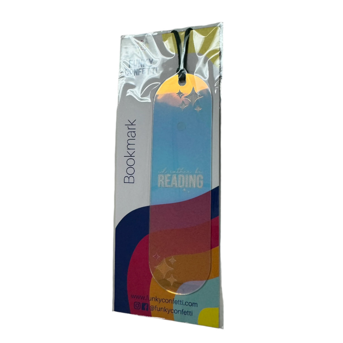 holographic bookmarks with engraved quotes (reading) and colorful surprise cords (black) from Funky Confetti