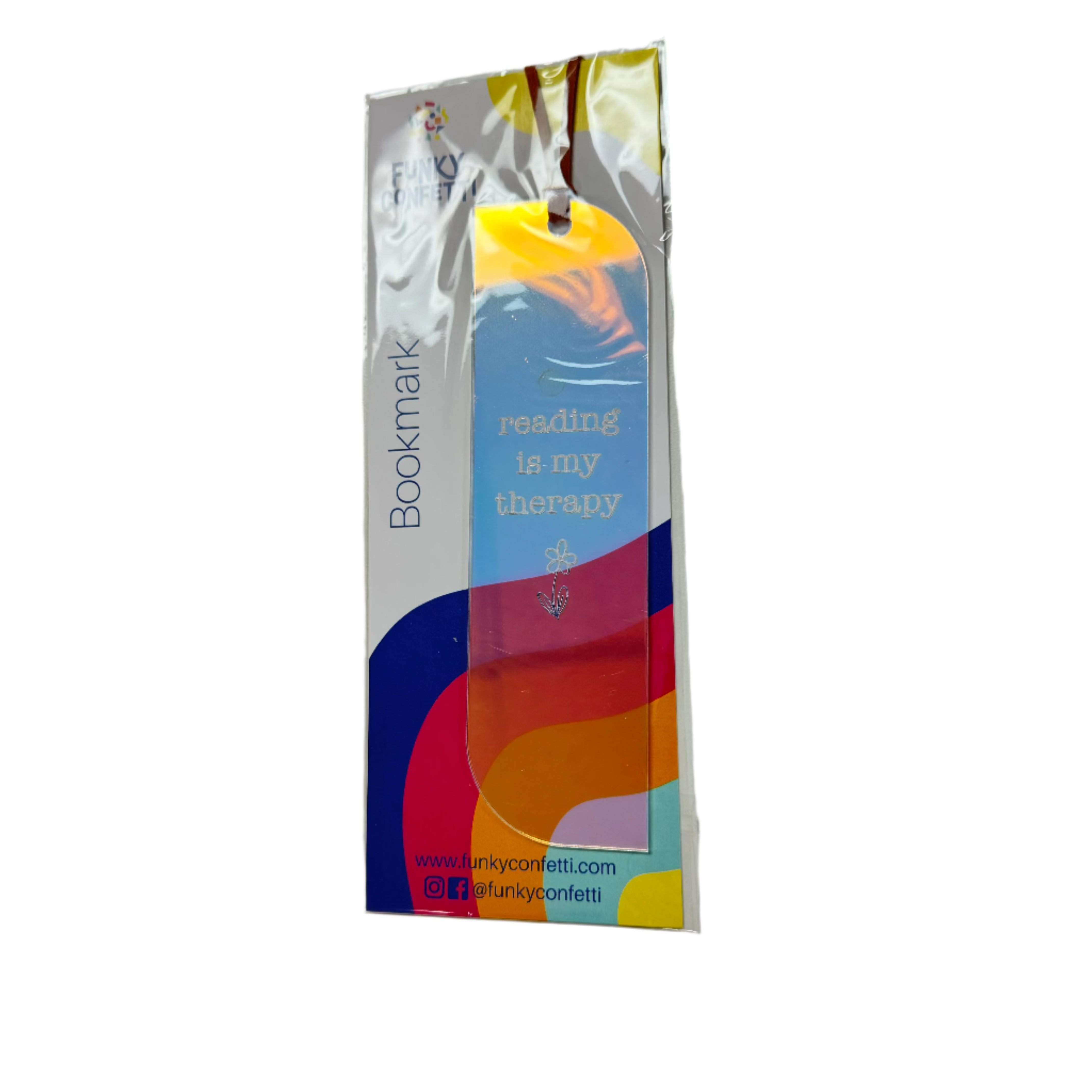holographic bookmarks with engraved quotes (reading is my therapy) and colorful surprise cords (red) from Funky Confetti