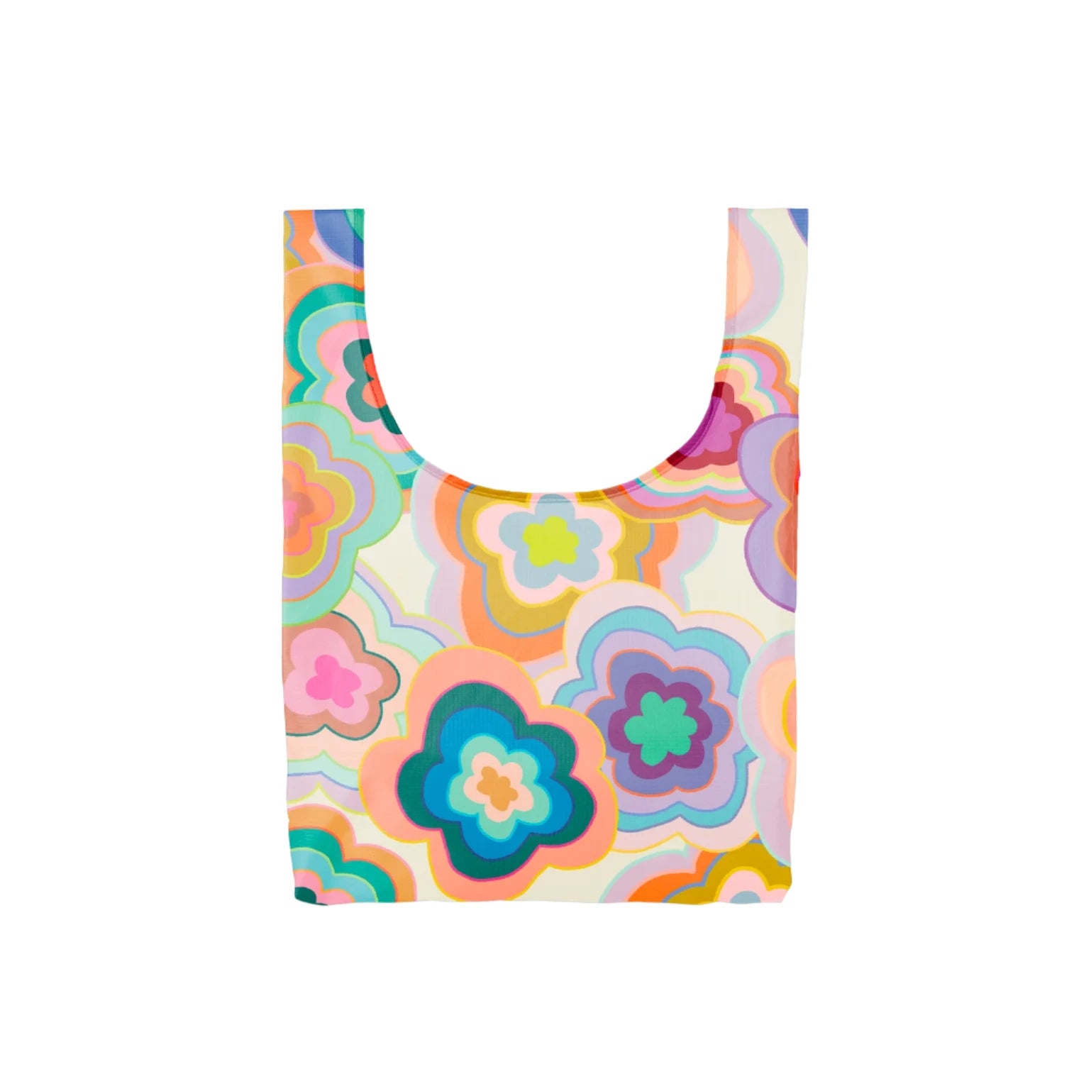 Colorful trippy flower-print reusable ripstop nylon tote bag, 17 by 21.5 inches, foldable into a pouch.