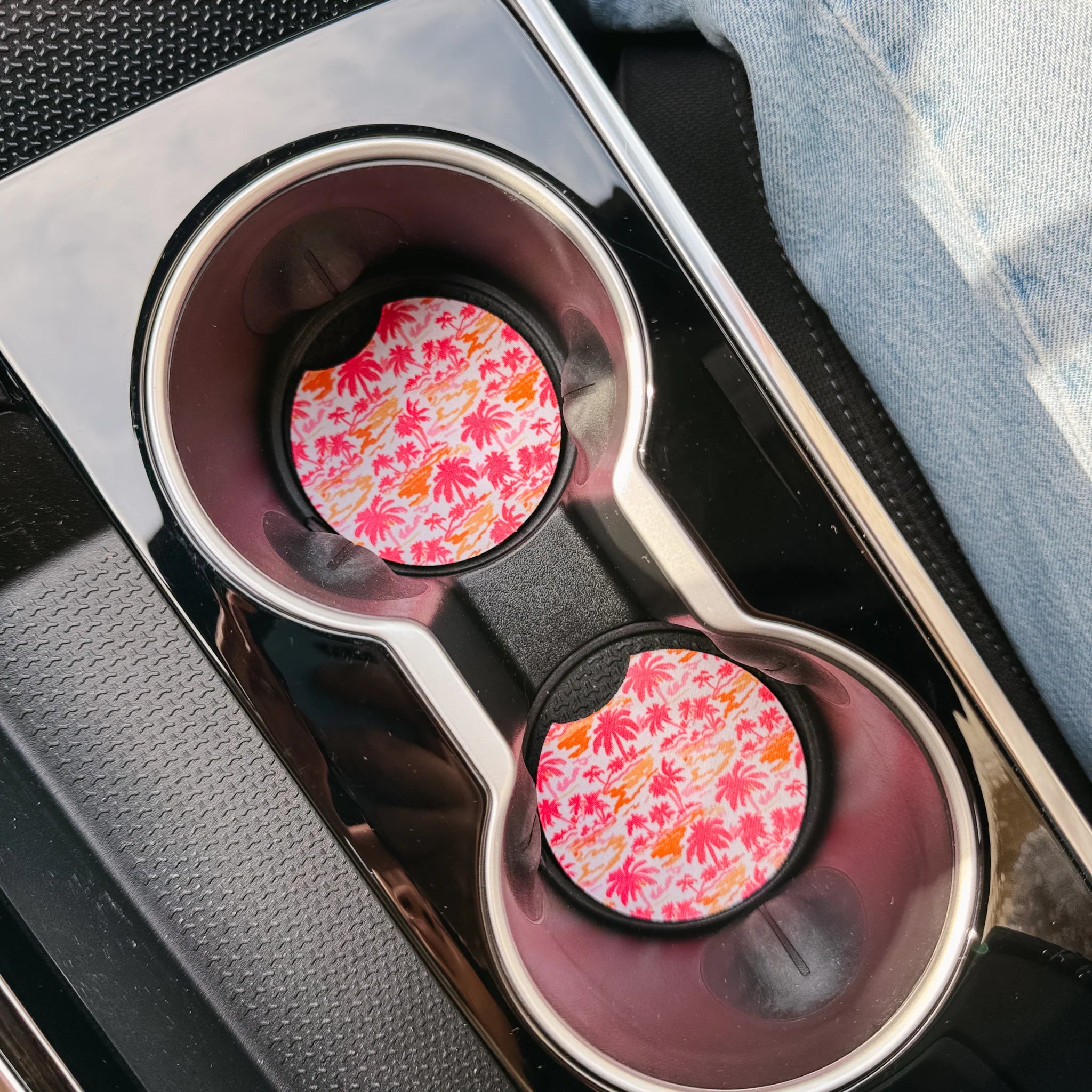 Paradise Palms pink tropical car coaster set by Funky Confetti – fits standard cup holders