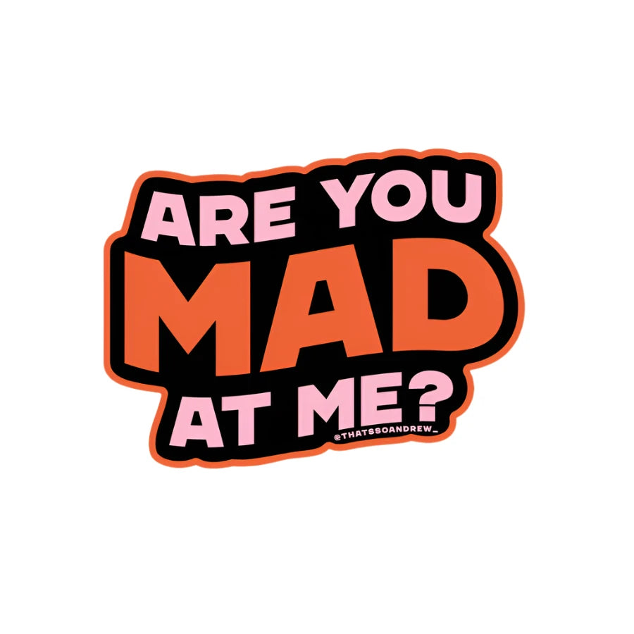 Funny vinyl sticker that says “Are You Mad At Me?” in bold pink and orange text, from Funky Confetti