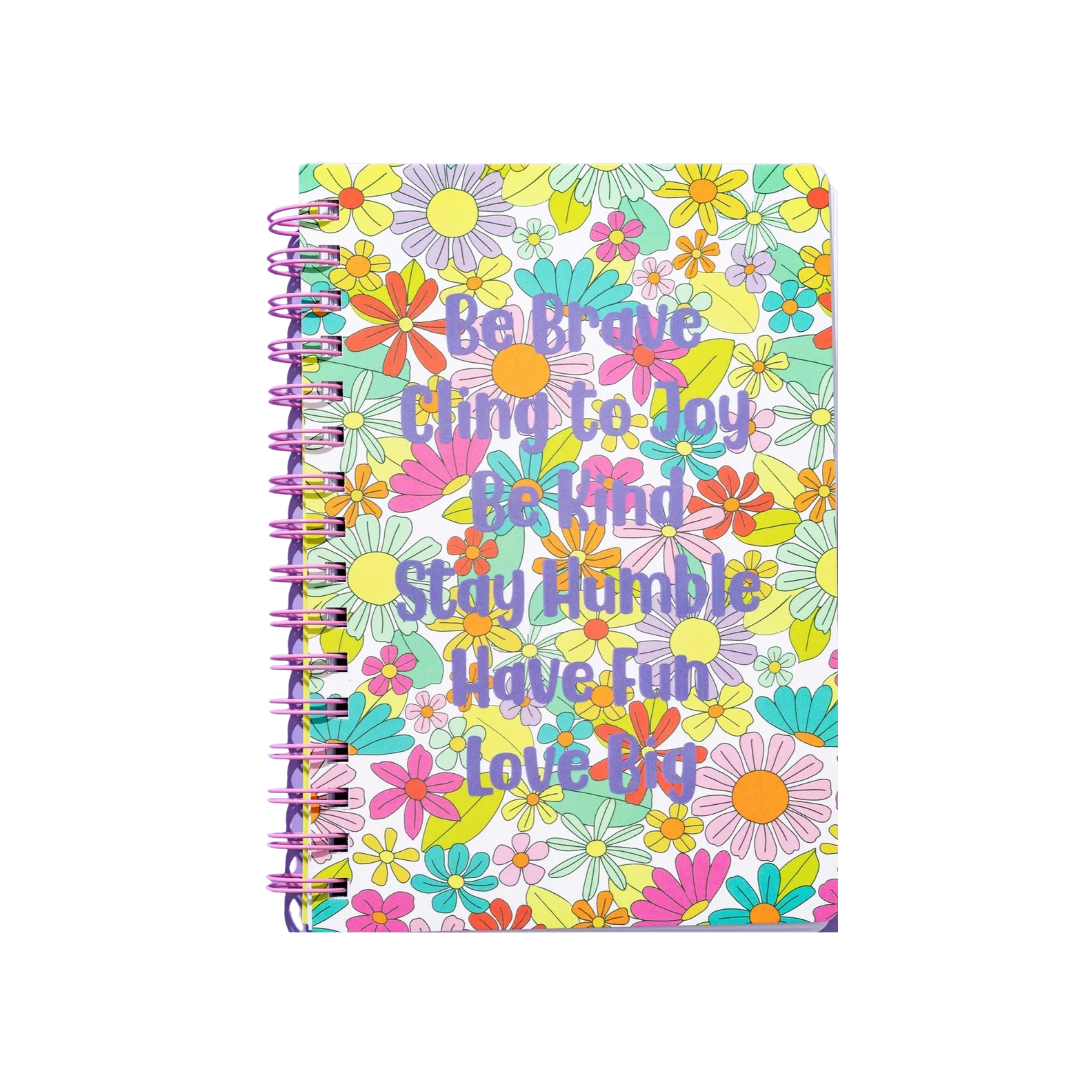 Colorful floral spiral notebook with motivational quote in lavender text – Funky Confetti
