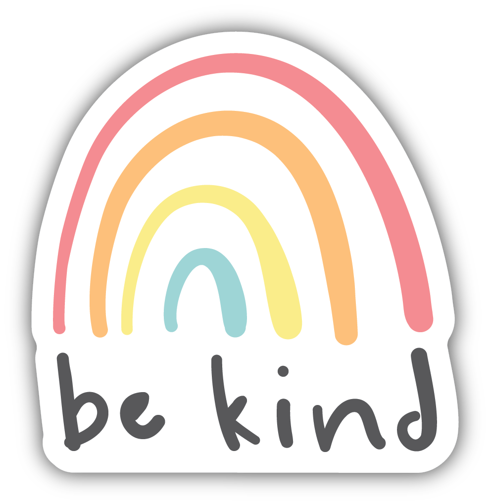 Pastel rainbow sticker with the hand-lettered phrase “be kind.”