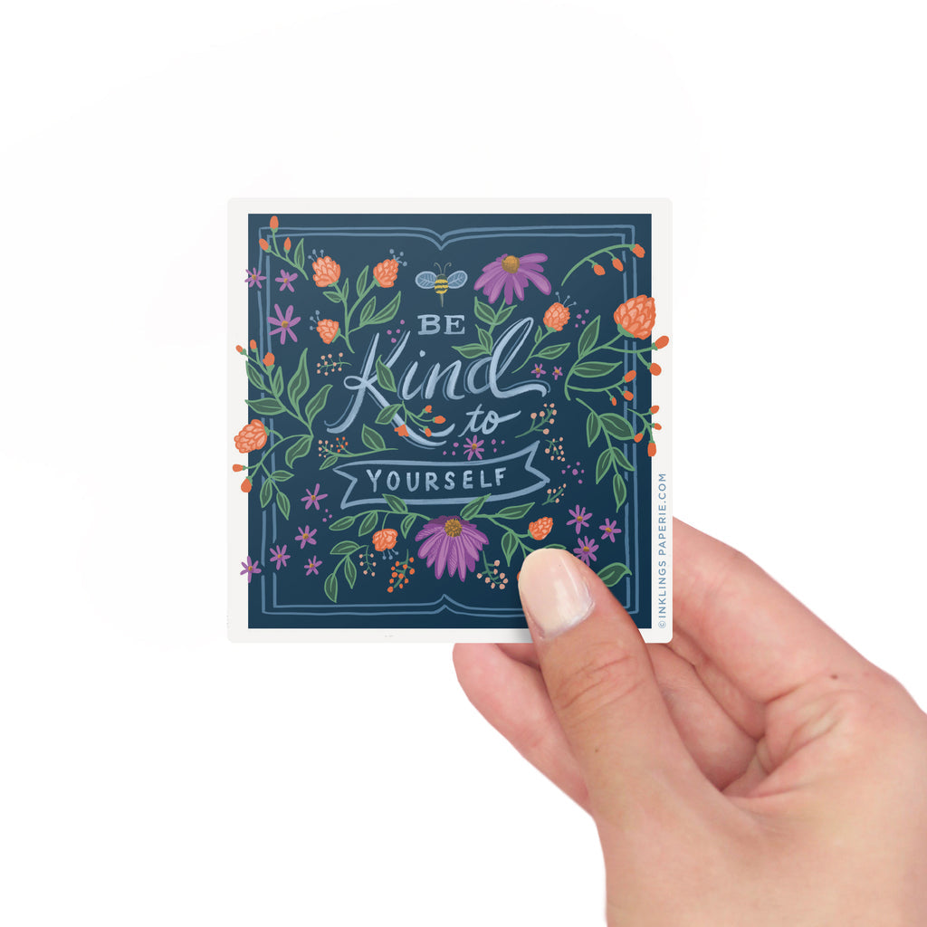 Square navy vinyl sticker with flowers and “Be Kind to Yourself” lettering – Funky Confetti