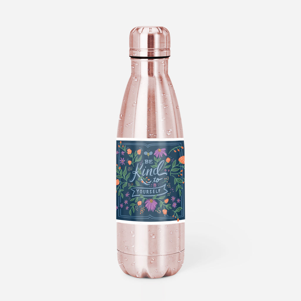 Square navy vinyl sticker with flowers and “Be Kind to Yourself” lettering – Funky Confetti