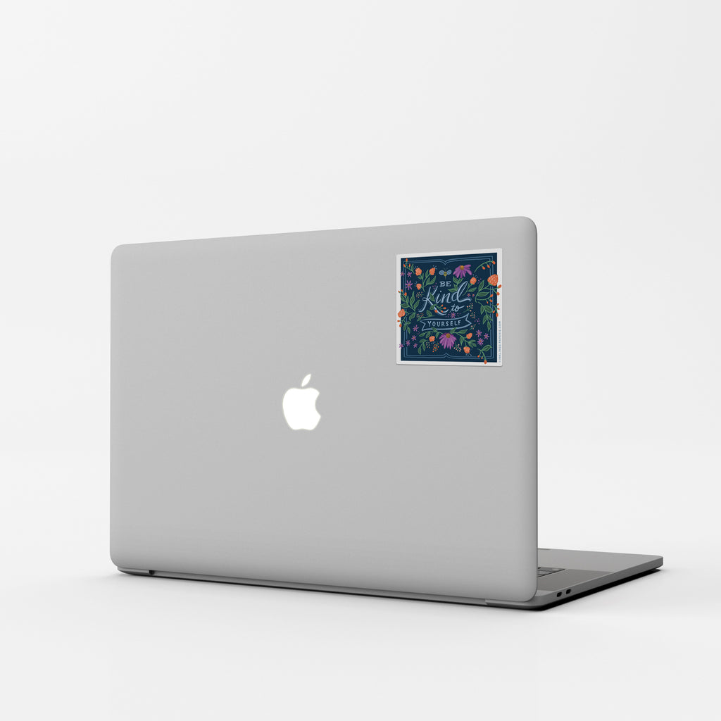 Square navy vinyl sticker with flowers and “Be Kind to Yourself” lettering – Funky Confetti