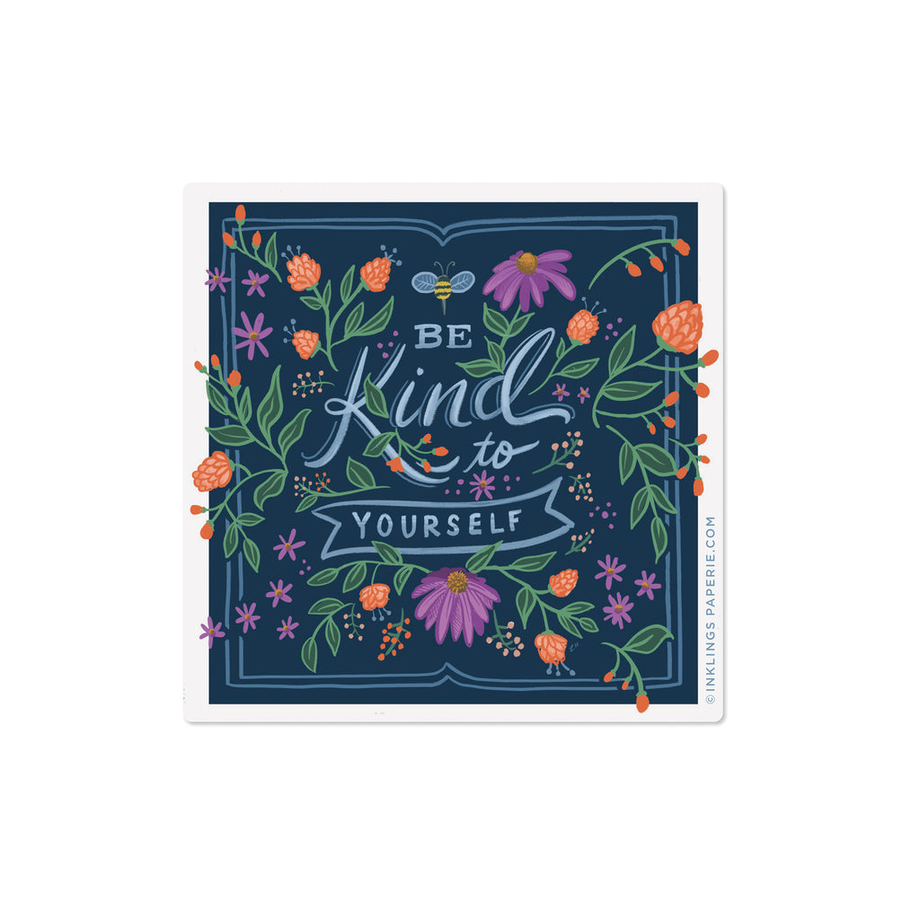 Square navy vinyl sticker with flowers and “Be Kind to Yourself” lettering – Funky Confetti