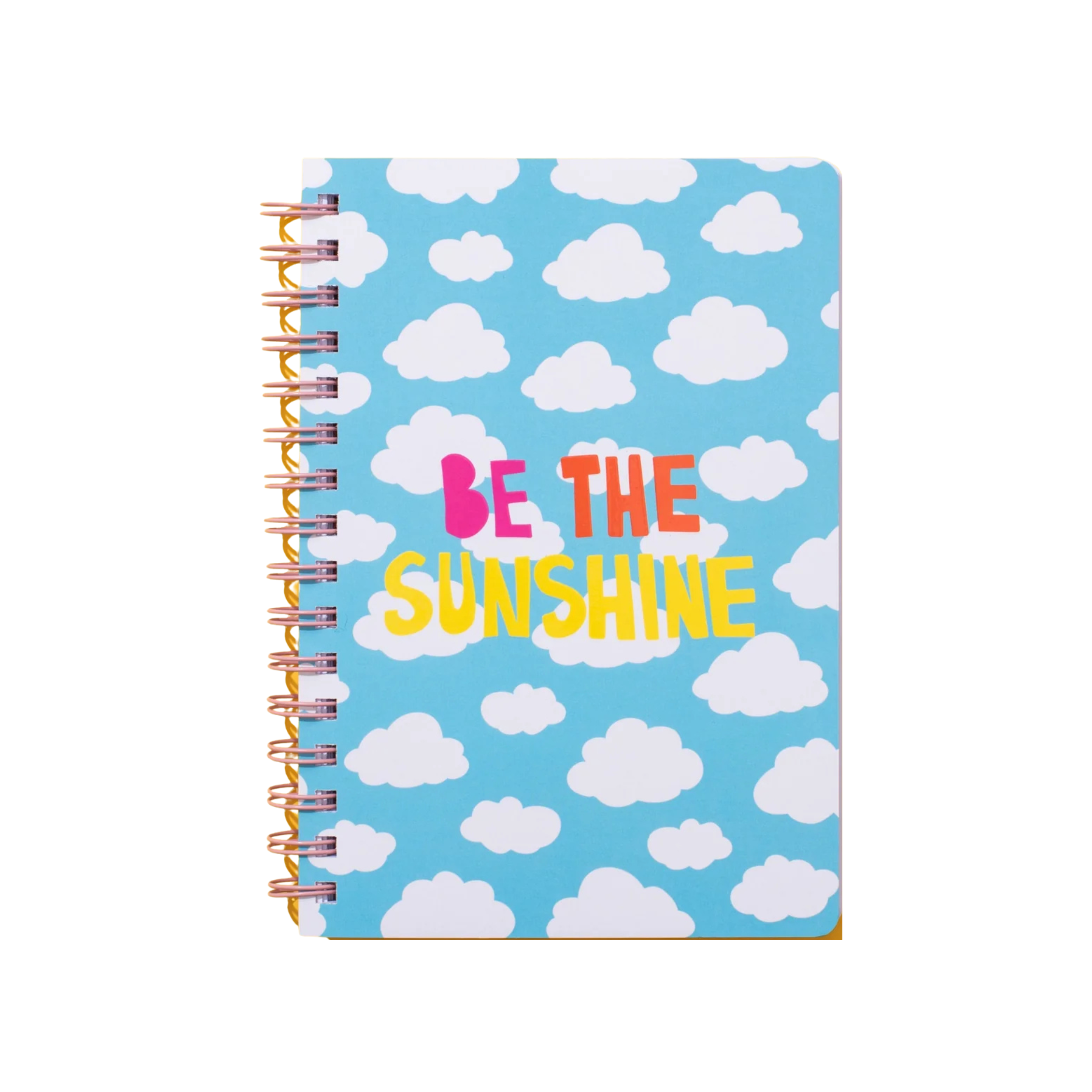 Spiral notebook with blue cloud background and colorful “Be the Sunshine” text – Funky Confetti