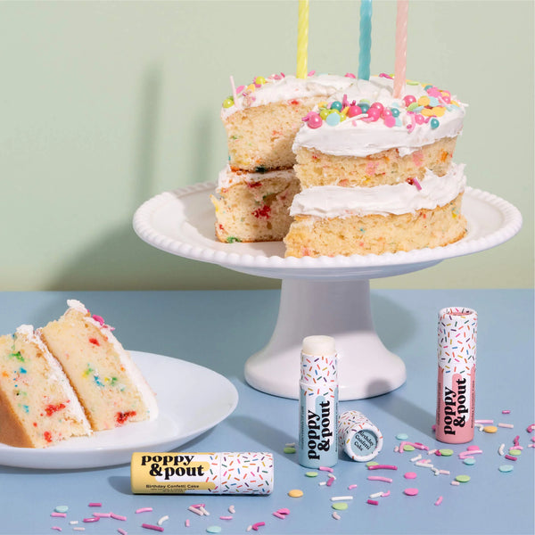 Birthday Confetti Cake Lip Balm with vanilla raspberry scent – 5 colorful sprinkle tubes – Funky Confetti