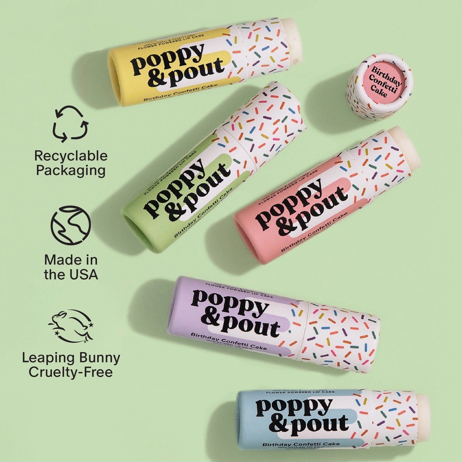 Birthday Confetti Cake Lip Balm with vanilla raspberry scent – 5 colorful sprinkle tubes – Funky Confetti