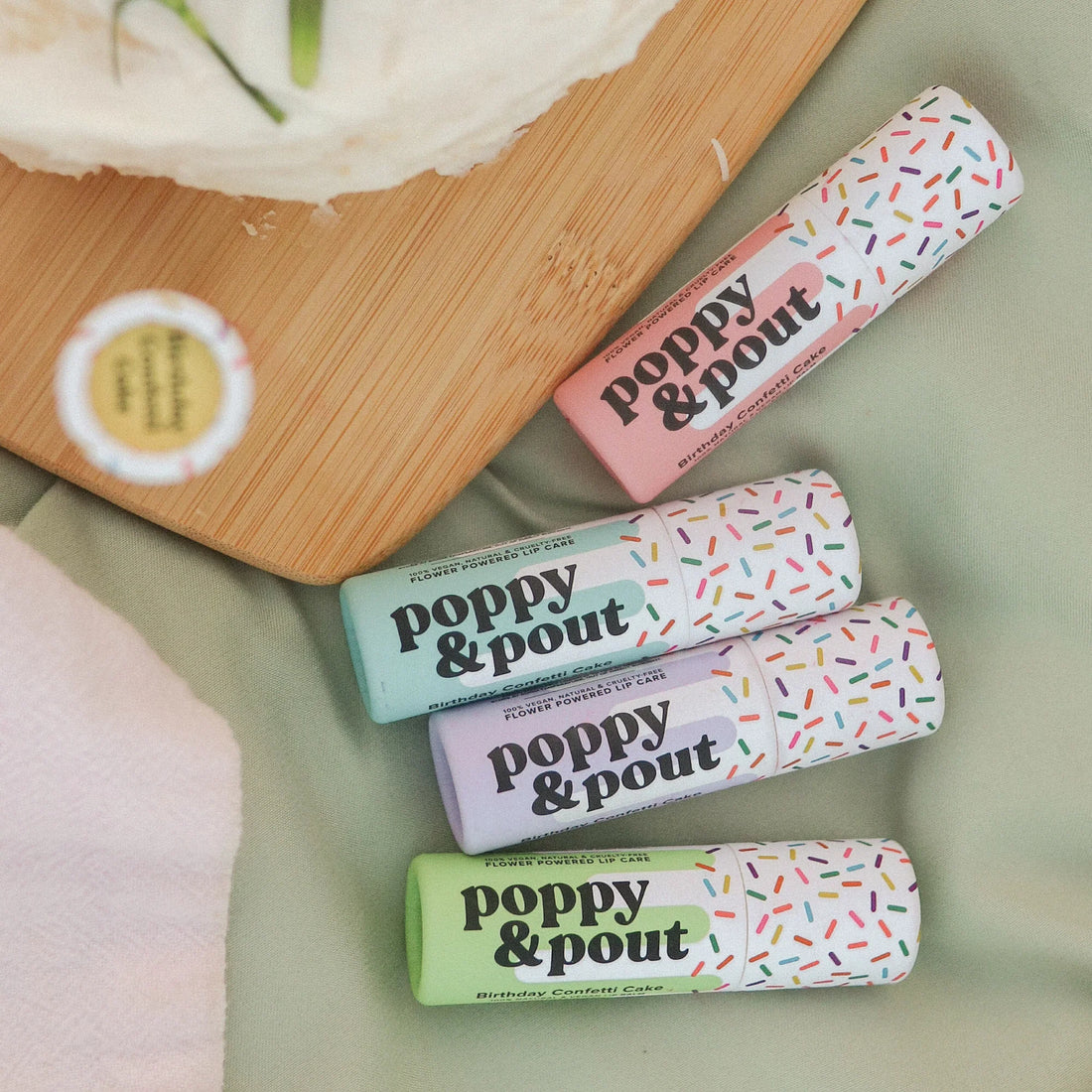 Birthday Confetti Cake Lip Balm with vanilla raspberry scent – 5 colorful sprinkle tubes – Funky Confetti