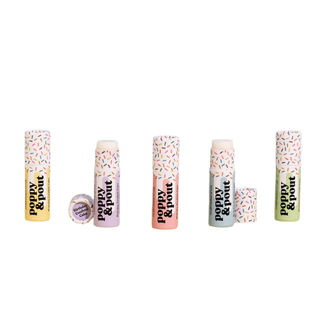 Birthday Confetti Cake Lip Balm with vanilla raspberry scent – 5 colorful sprinkle tubes – Funky Confetti