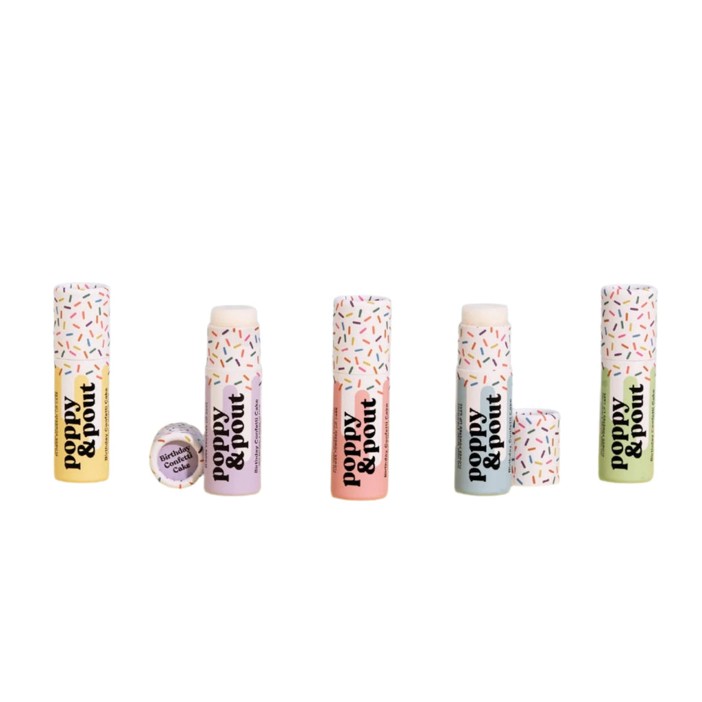 Birthday Confetti Cake Lip Balm with vanilla raspberry scent – 5 colorful sprinkle tubes – Funky Confetti