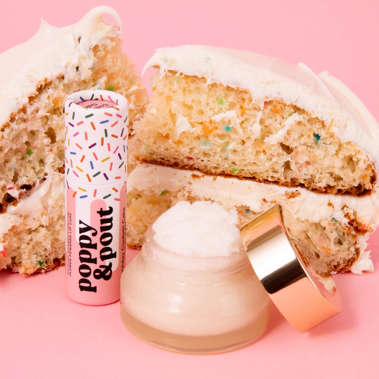 Birthday Confetti Cake Lip Care Duo with balm, scrub, and gold spatula in sprinkle gift box – Funky Confetti
