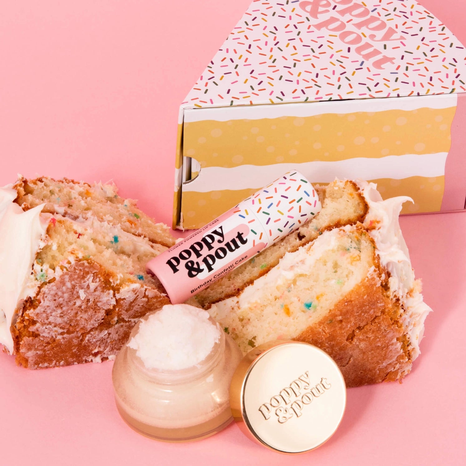 Birthday Confetti Cake Lip Care Duo with balm, scrub, and gold spatula in sprinkle gift box – Funky Confetti