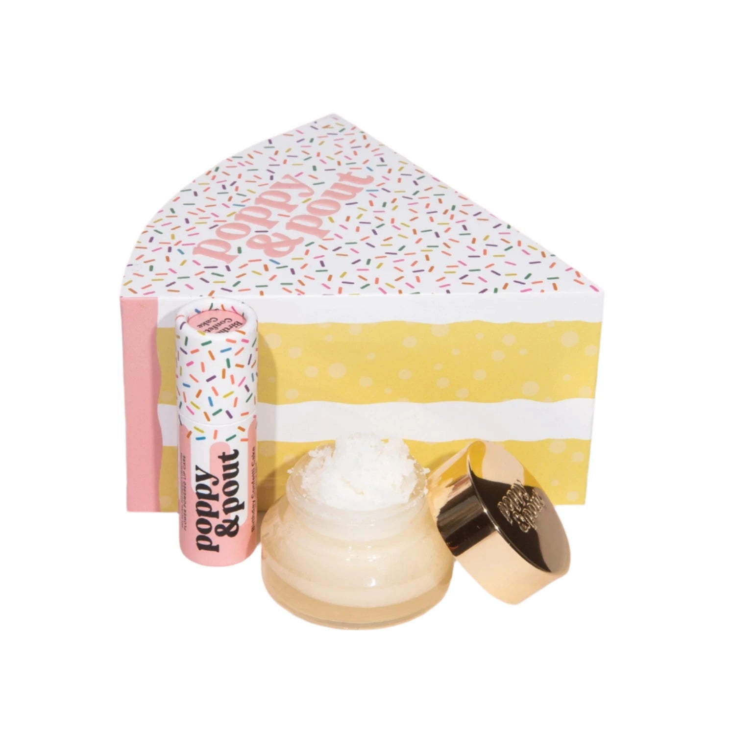 Birthday Confetti Cake Lip Care Duo with balm, scrub, and gold spatula in sprinkle gift box – Funky Confetti
