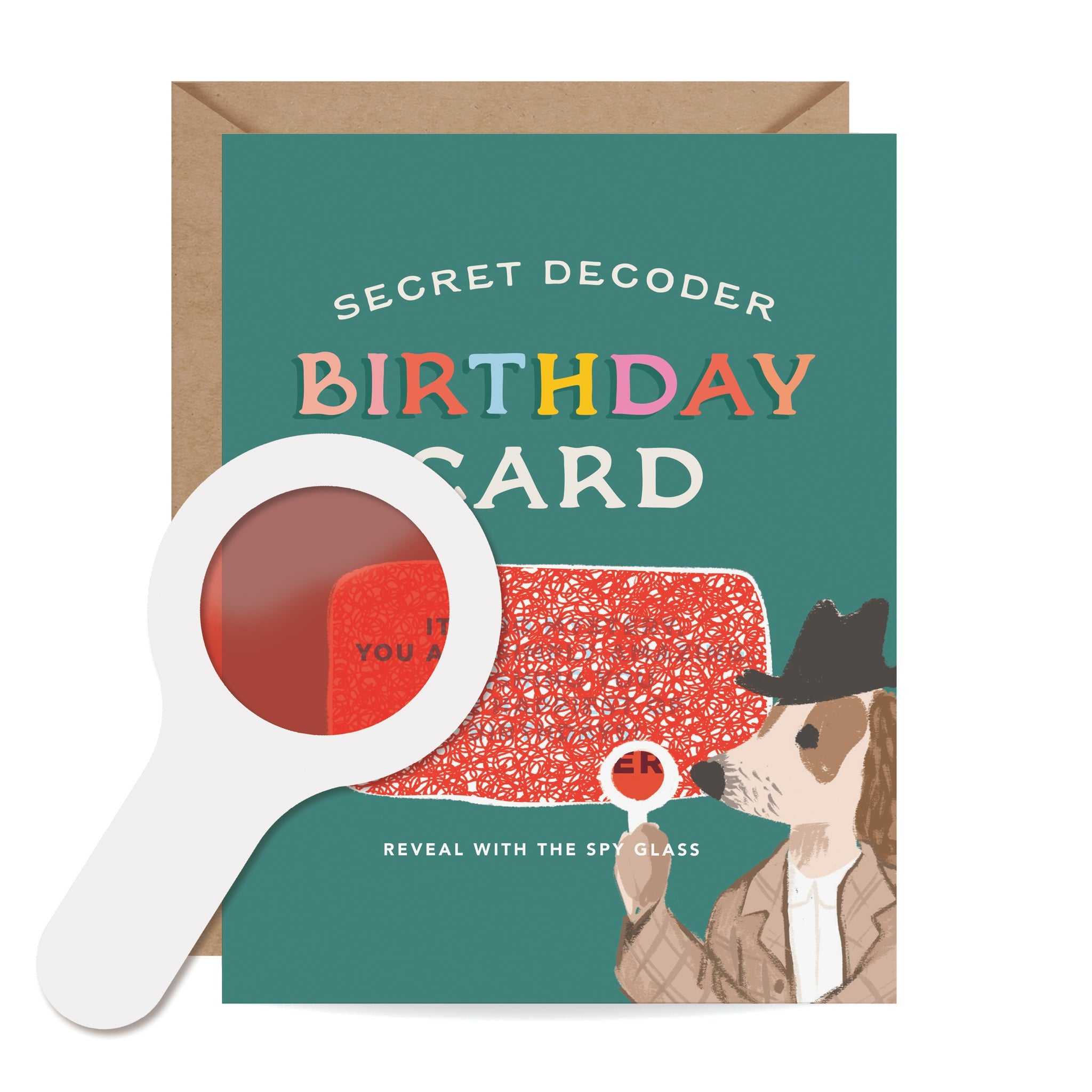 Birthday Dog Detective Decoder Greeting Card with red spyglass – Funky Confetti