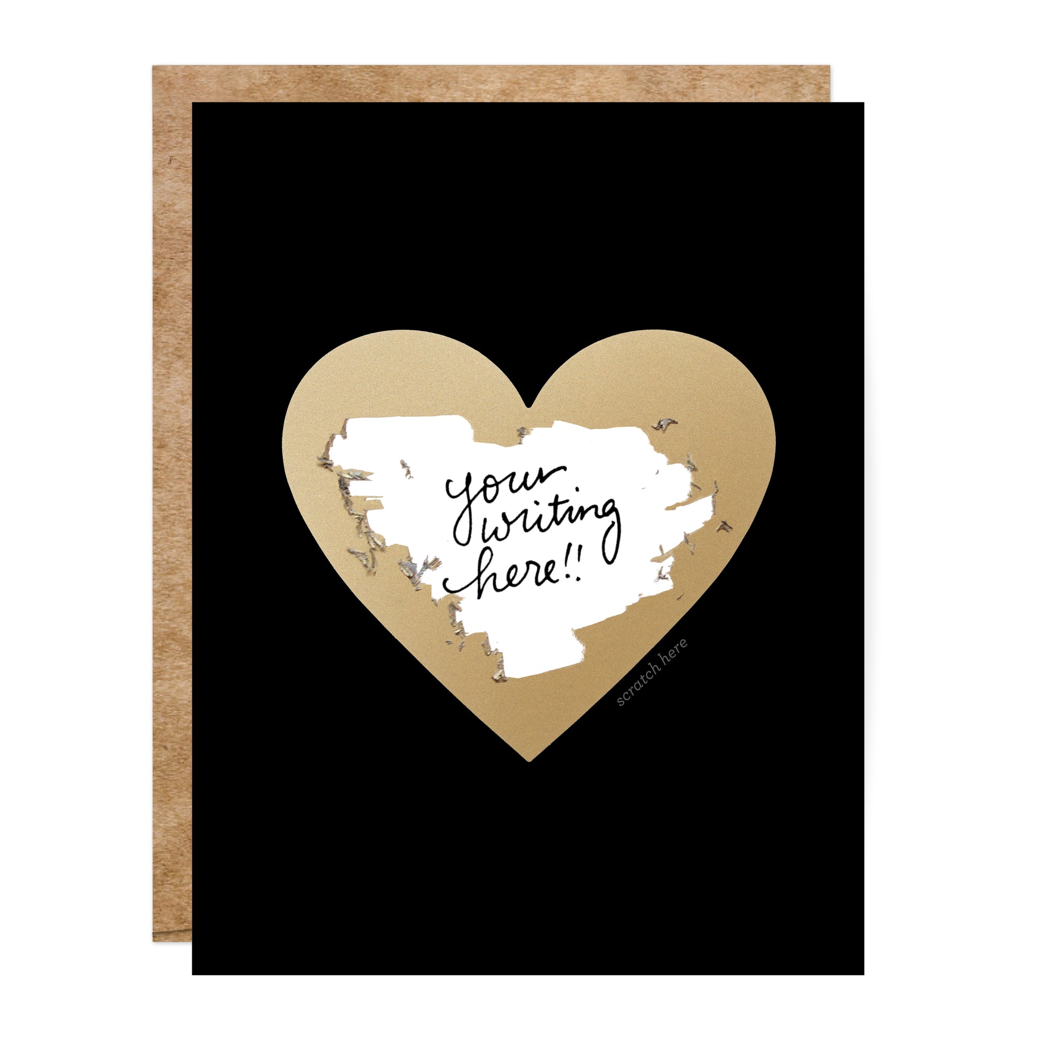 Black greeting card with large gold scratch-off heart – DIY hidden message – Funky Confetti