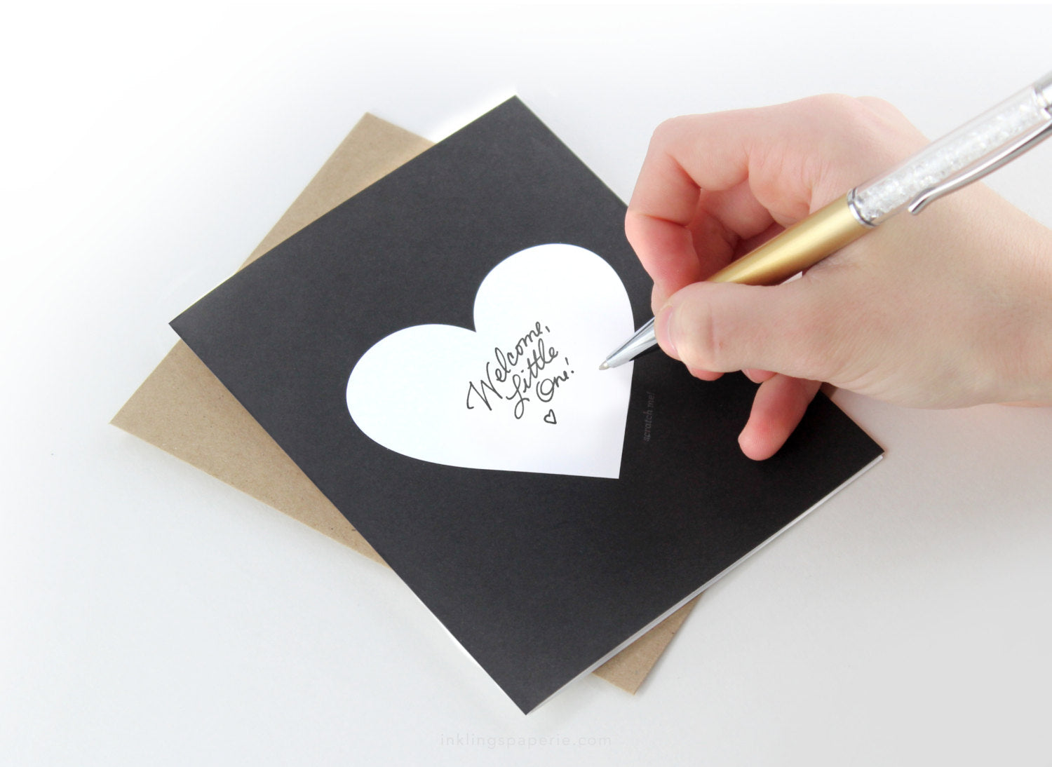 Black greeting card with large gold scratch-off heart – DIY hidden message – Funky Confetti